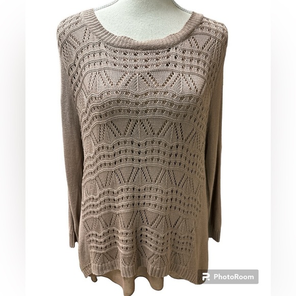 Sioni Taupe Longsleeved HighLow Knit Layered Scoop Neck Mixed Fabric Top XL - Picture 1 of 9